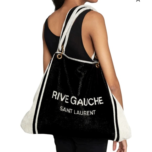 NWT $2100 Saint Laurent Towel Cabas in terrycloth tote in black + light gray - Picture 2 of 13